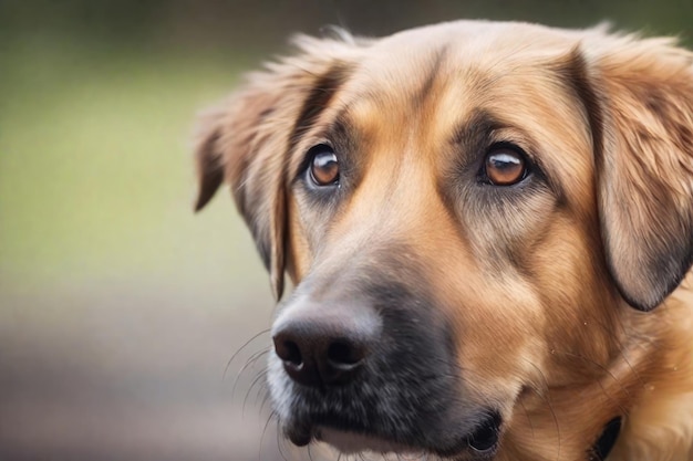 Cane con il primo piano degli occhi tristi su sfondo sfocato