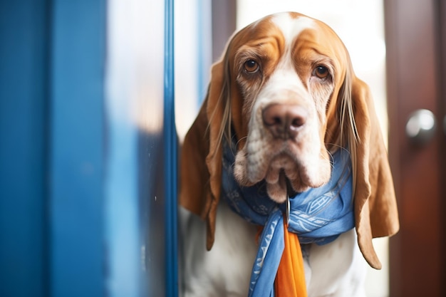 Cane con le orecchie abbassate che indossa una sciarpa blu seduto accanto a una porta di ufficio chiusa