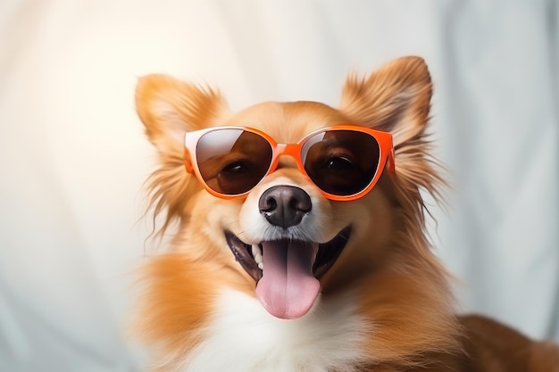 Cane con occhiali da sole assume il ruolo di un essere umano in vacanza