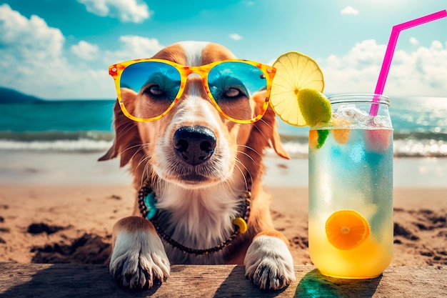 Cane con occhiali da sole e un cocktail in spiaggia IA generativa