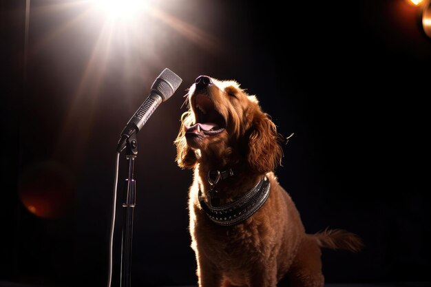 Cane con rock band che suona la chitarra e canta sotto i riflettori creato con l'IA generativa