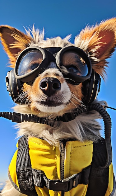 Cane con tuta da volo che vola nel cielo generativo ai