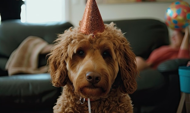 Cane con un berretto festivo a una festa di compleanno IA generativa