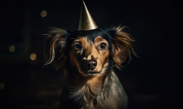 Cane con un berretto festivo a una festa di compleanno IA generativa