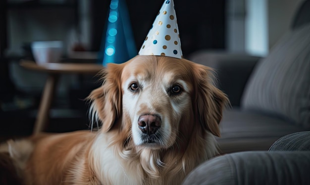 Cane con un berretto festivo a una festa di compleanno IA generativa
