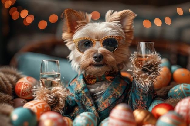 Cane con un bicchiere di vino champagne giorno di Pasqua comunione uova colorate e primavera