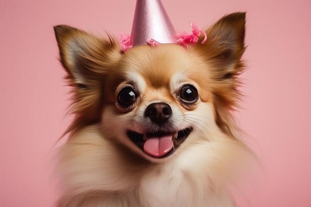 cane con un cappello da compleanno su sfondo rosa nello spazio dello studio per il testo Immagine generata da AI