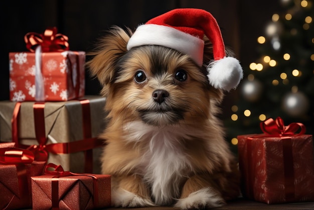 cane con un cappello rosso di Babbo Natale sotto l'albero di Natale con regali per festeggiare il nuovo anno a casa