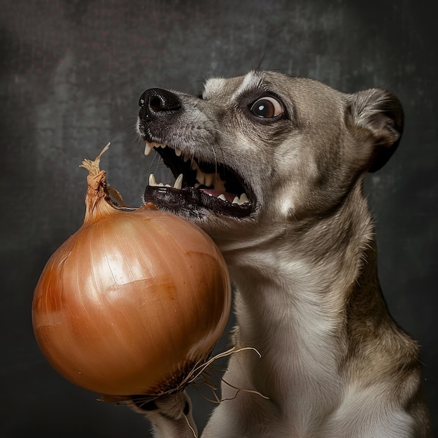 Cane con una cipolla in bocca