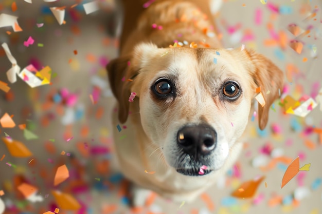 Cane con uno sguardo colpevole circondato da rottami di carta confetti