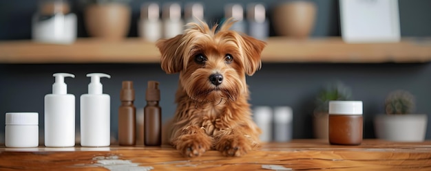 Cane con vari prodotti di cura per la personalizzazione e il marchio modello di prodotto concetto Pampered Pooch Grooming Essenziali zampe personalizzate Branding Bonanza Custom Canine