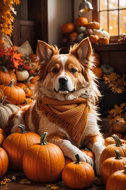 Cane con zucche e sciarpa arancione Giorno del Ringraziamento Stagione autunno Feste di Halloween AI generativa