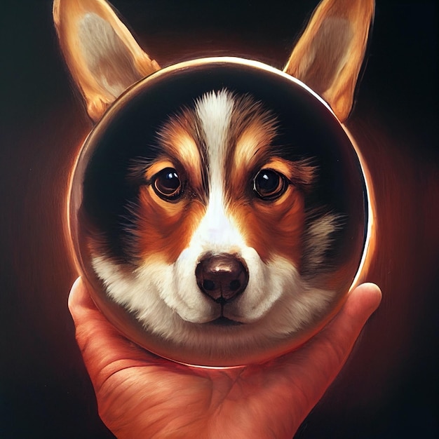 Cane Corgi all'interno di una palla magica 3d rendering illustrazione