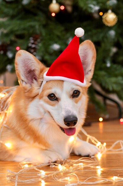 Cane Corgi che indossa un cappello di Babbo Natale sullo sfondo di un albero di Natale