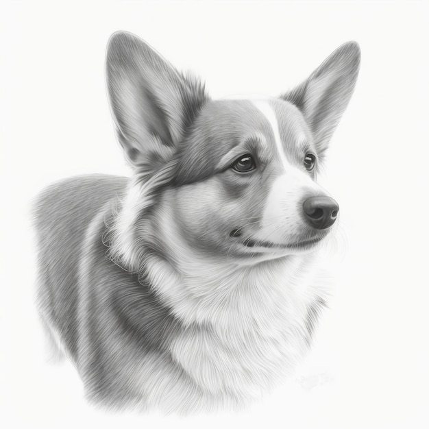 Cane Corgi disegnato a matita, in bianco e nero