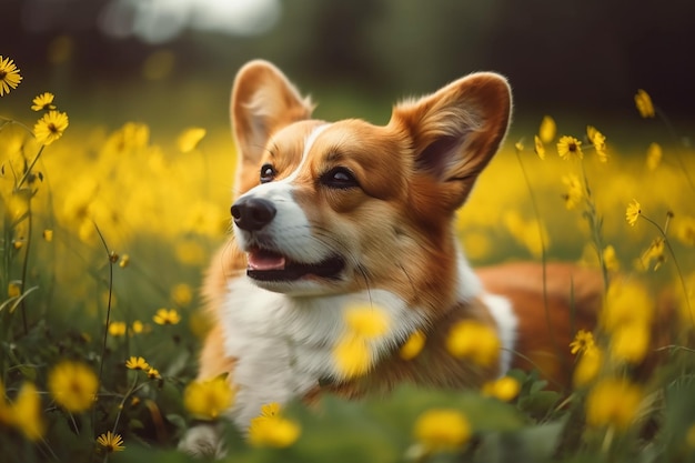 Cane Corgi in un campo di fiori gialli