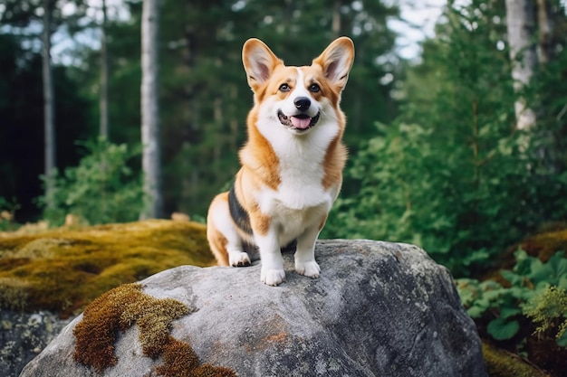 Cane Corgi seduto su una roccia nel bosco