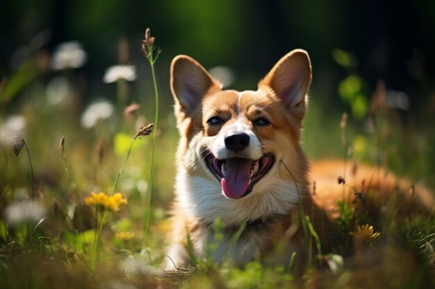 Cane corgi sorridente nel prato concetto di protezione contro le zecche e le pulci copyspace per il prodotto