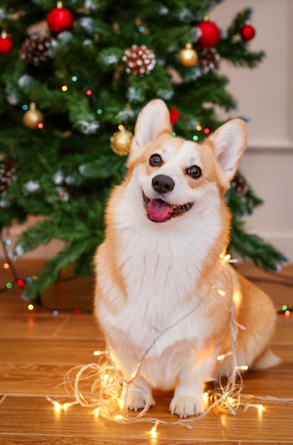 Cane Corgi sullo sfondo di un albero di Natale