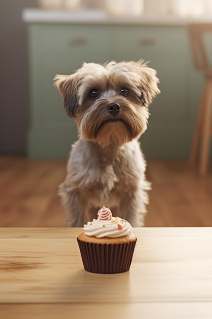 Cane cucciolo che fissa il cupcake sul tavolo della cucina con adorabili occhi di cucciolo