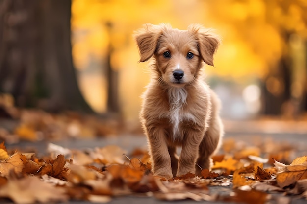 Cane cucciolo randagio che cammina per la strada pieno di foglie d'autunno