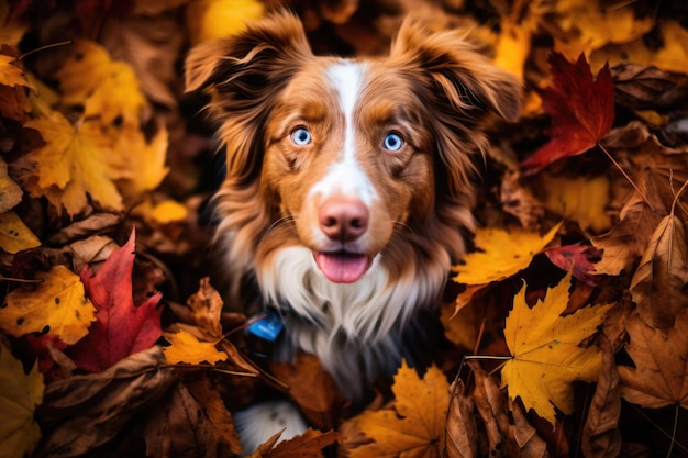 Cane da compagnia in foglie autunnali colorate Illustrazione AI generativa