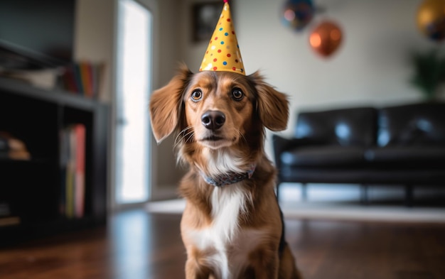 Cane da compagnia in un berretto di compleanno che indossa un cappello in un interno di casa generativo ai