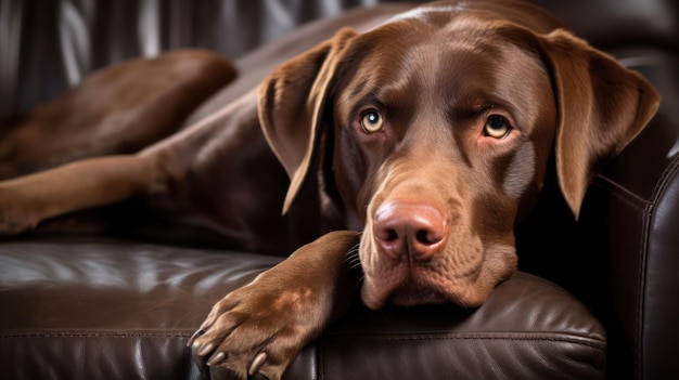 Cane da compagnia marrone e marrone chiaro sdraiato su una poltrona reclinabile in pelle Generato dall'intelligenza artificiale