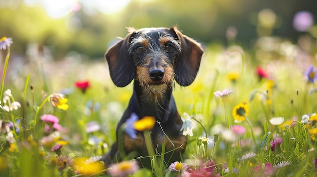 Cane Dachshund di filo seduto in un prato circondato da fiori selvatici vibranti e erba in una giornata di sole