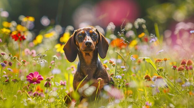 Cane Dachshund di filo seduto in un prato circondato da fiori selvatici vibranti e erba in una giornata di sole