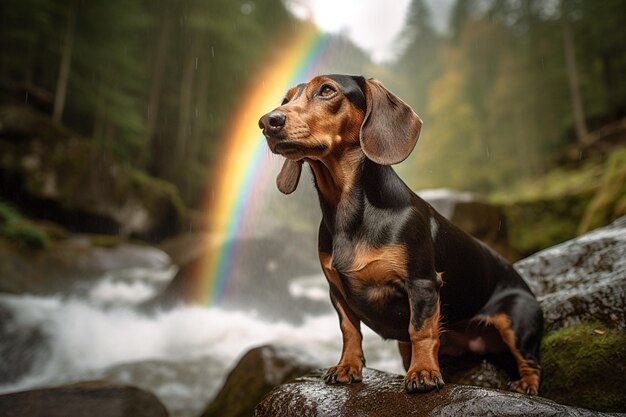 Cane dachshund seduto su una roccia con l'arcobaleno sullo sfondo