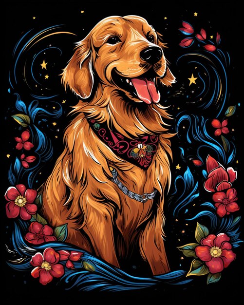 Cane dai colori vivaci con bordi floreali e stelle sullo sfondo