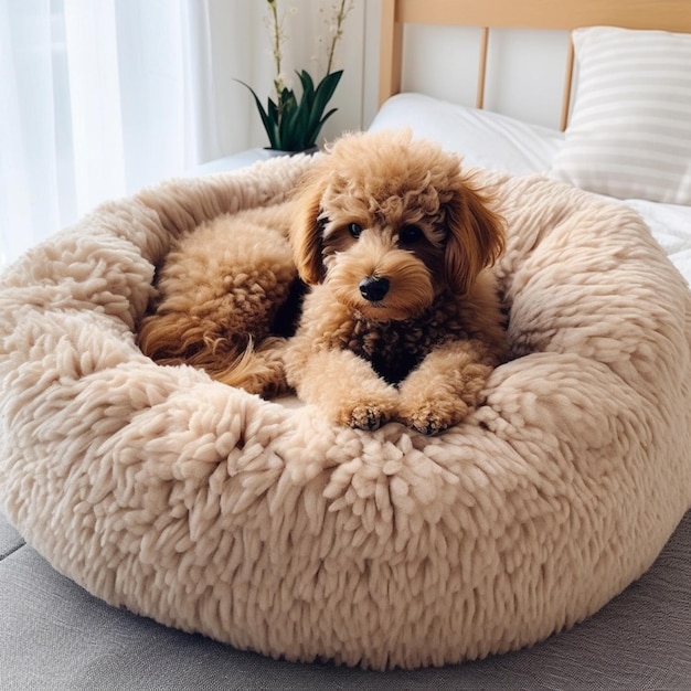 Cane dall'aspetto Arafly sdraiato in un soffice letto per cani su un letto generativo ai