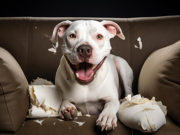 Cane dall'espressione maliziosa circondato da cuscini strappati