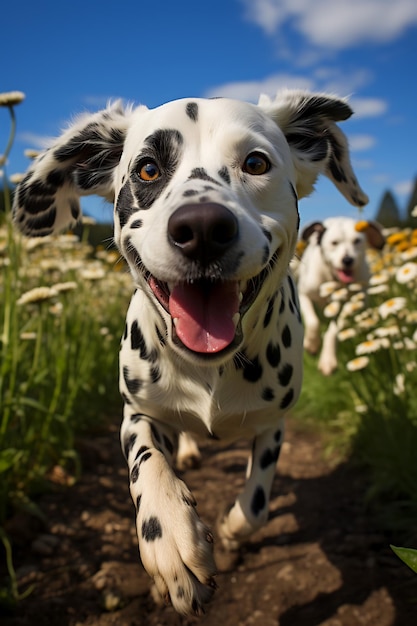 Cane dalmata che corre attraverso un campo di fiori AI generativa