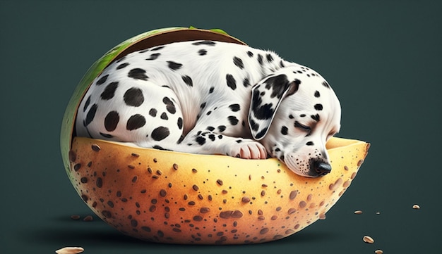 Cane dalmata che dorme all'interno di mezza noce di cocco Generative AI