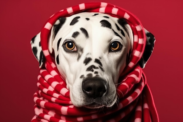 Cane dalmata di Natale che indossa una fascia di corna e una sciarpa accogliente isolata su uno sfondo sfumato