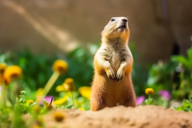 Cane della prateria nella fauna selvatica Simpatico cane della prateria sul campo estivo con fiori