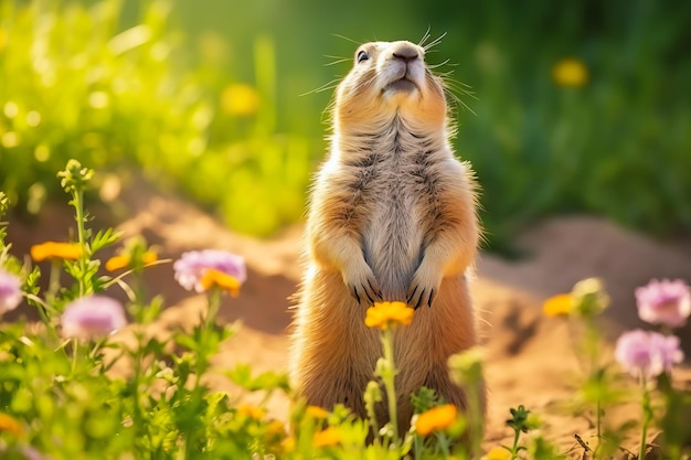 Cane della prateria nella fauna selvatica Simpatico cane della prateria sul campo estivo con fiori