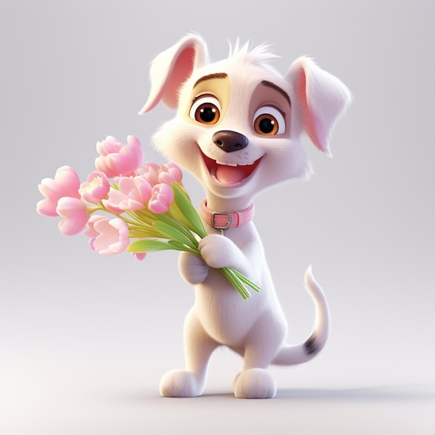 cane di cartone animato che tiene un bouquet di fiori nelle zampe generativo ai