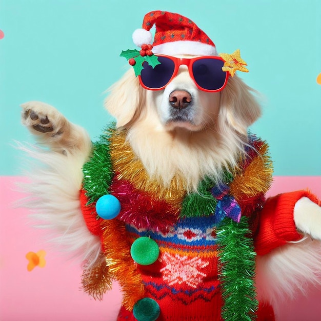 Cane di Natale con abiti colorati e occhiali da sole che ballano sullo sfondo pastello