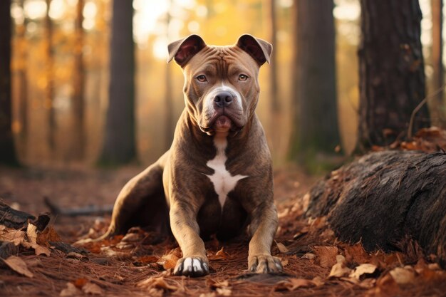 Cane di razza bulldog americano nel parco per una passeggiata in autunno