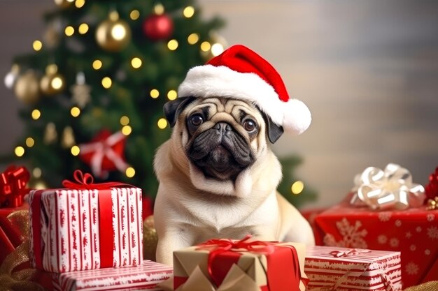 Cane di razza carlino con un cappello di Babbo Natale sullo sfondo di un albero di Natale e regali Cartoline con animali domestici