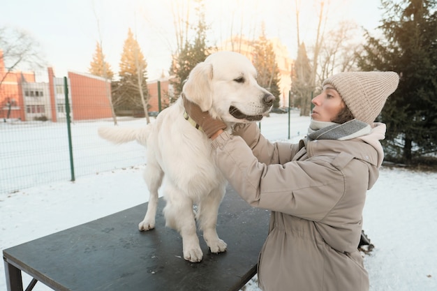 Cane di razza di addestramento della giovane donna in inverno all'aperto