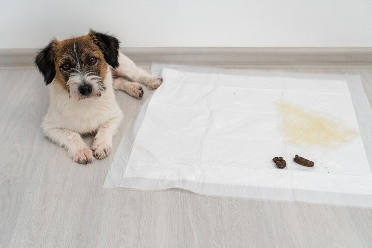 Cane di razza Jack Russell Terrier e cacca in un pannolino per cani