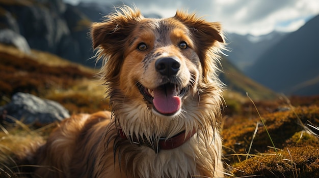 Cane di razza mista marrone con la lingua fuori e la faccia felice in montagna In escursione con il cane