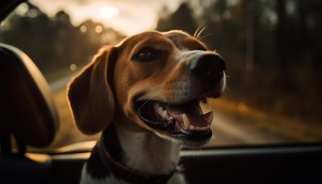Cane di razza pura seduto in macchina che si gode il viaggio generato dall'intelligenza artificiale