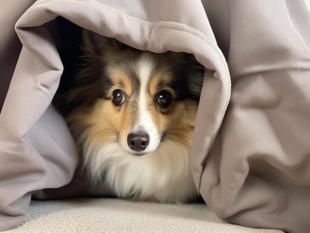 Cane dispettoso che sbircia fuori da un'accogliente fortezza coperta