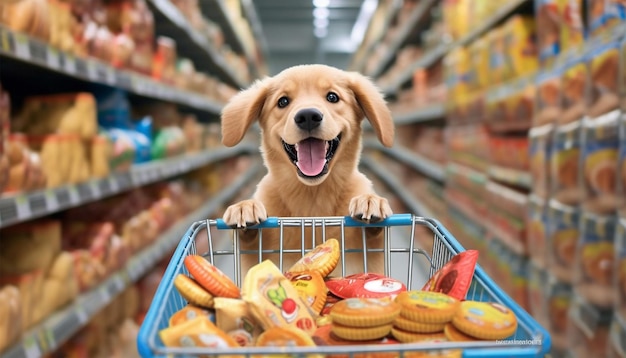 Cane divertente che fa shopping al supermercato per prodotti per animali domestici o biscotti per cani Il cane con una spesa