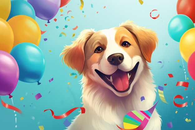 Cane divertente con palloncini colorati e confetti su sfondo blu